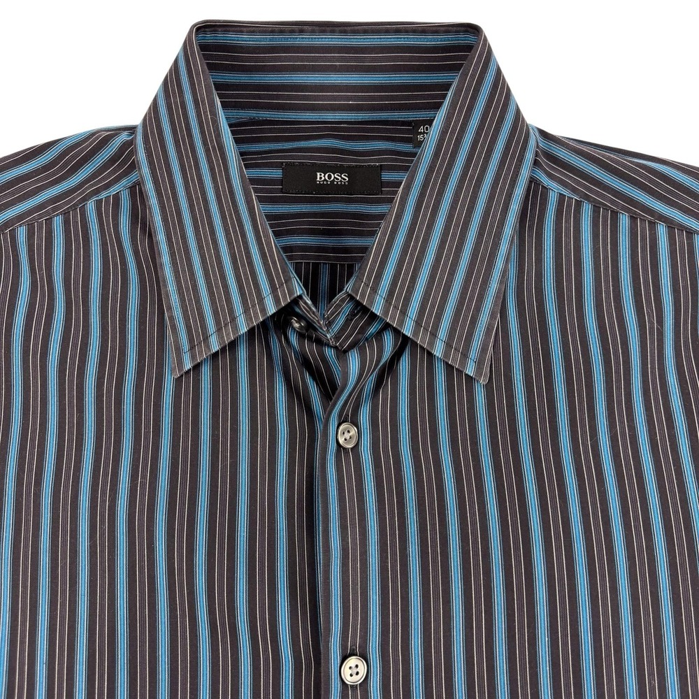 BOSS Hugo Boss Shirt Mens 16 40 Black Blue Stripe Regular‎ Fit Dress Cotton